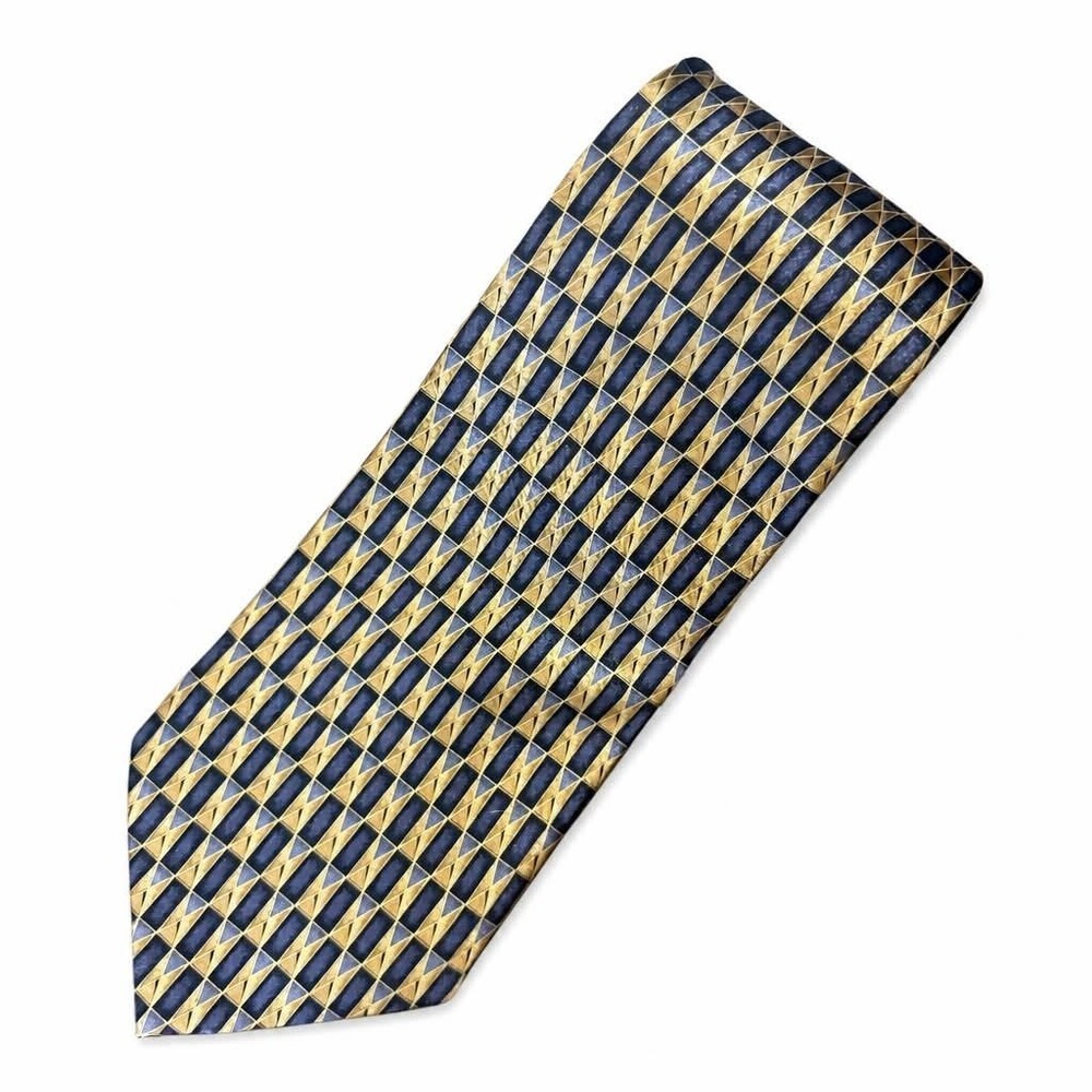 Vintage Stonehenge Silk Tie Mens 3D Geometric Diamond Block Gold Navy Grey